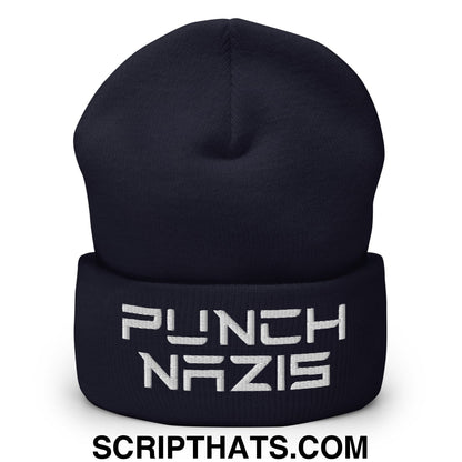 Punch Nazis Elon Musk Embroidered Cuffed Knit Beanie Navy
