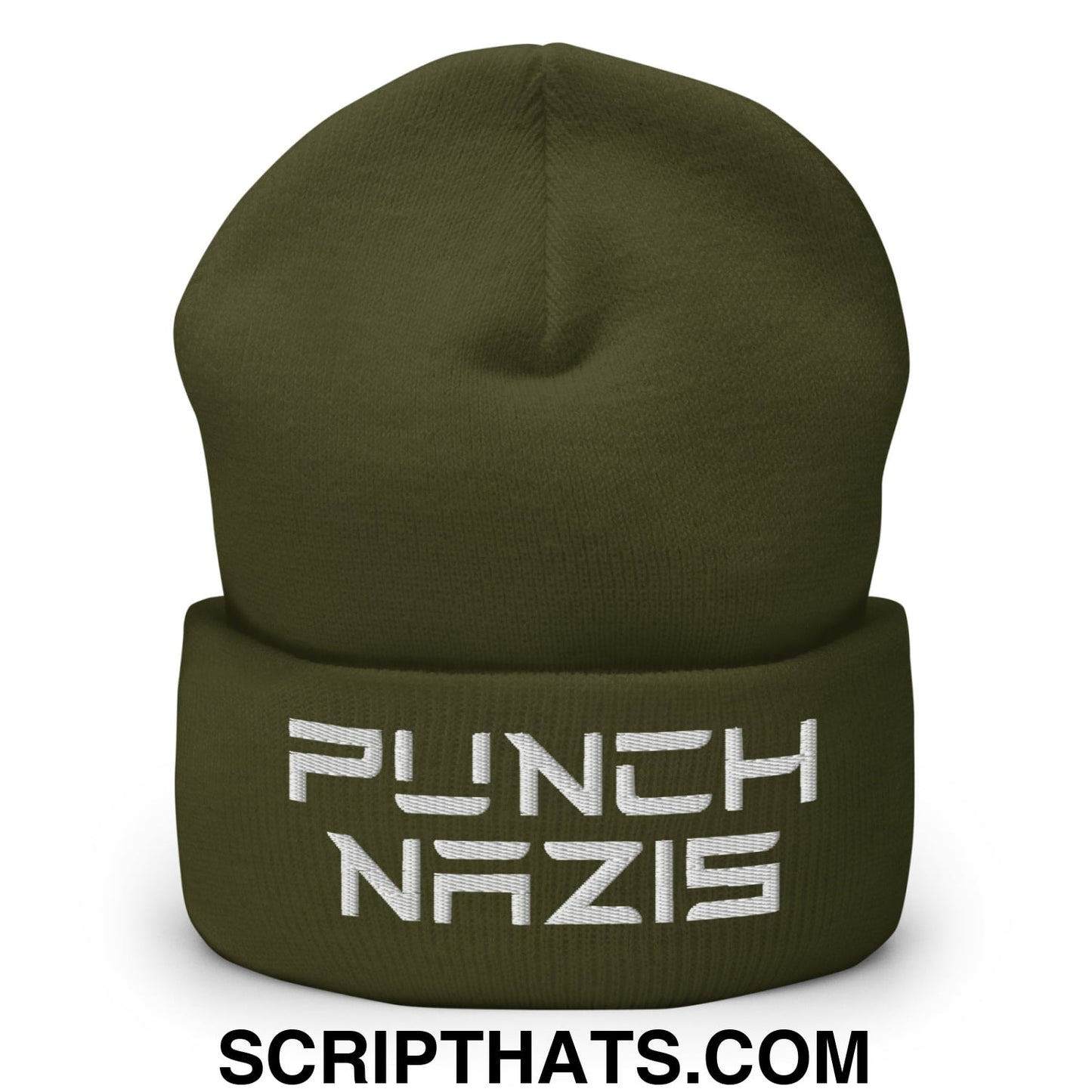 Punch Nazis Elon Musk Embroidered Cuffed Knit Beanie Olive