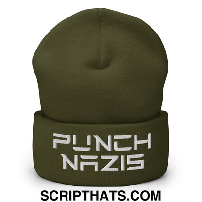 Punch Nazis Elon Musk Embroidered Cuffed Knit Beanie Olive