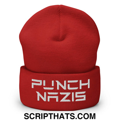 Punch Nazis Elon Musk Embroidered Cuffed Knit Beanie Red