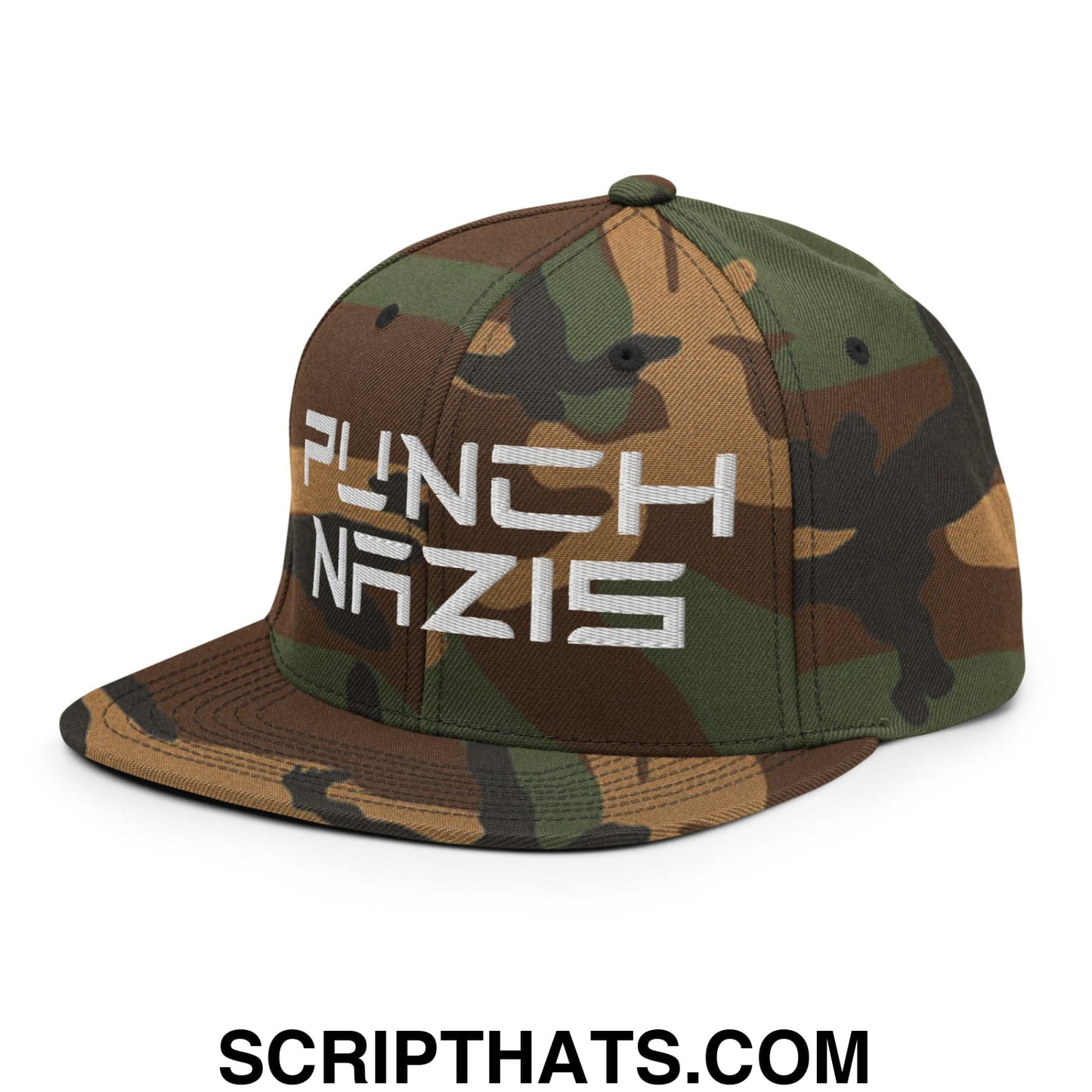 Punch Nazis Elon Musk Embroidered Flat Brim Bill Snapback Hat Green Camo