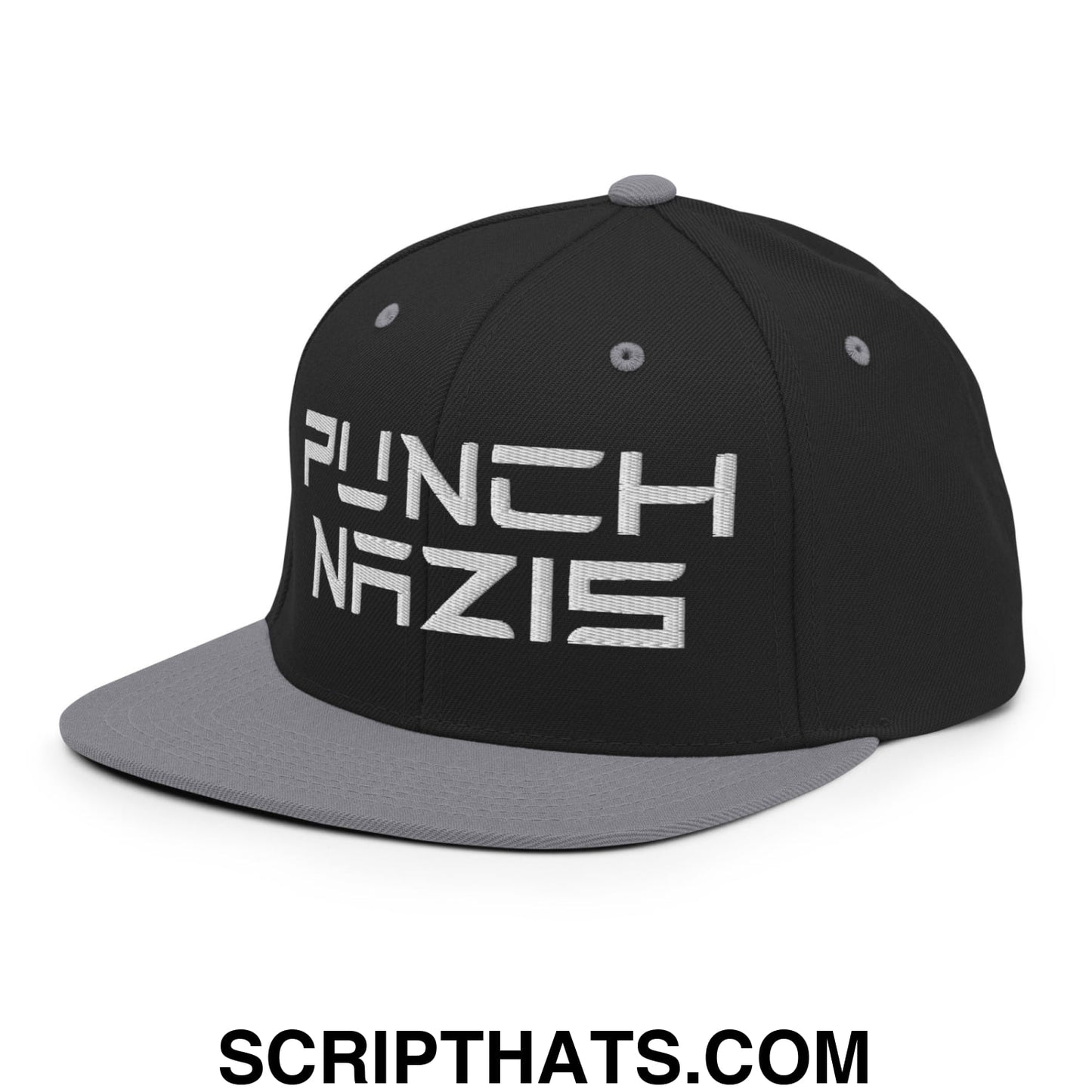 Punch Nazis Elon Musk Embroidered Flat Brim Bill Snapback Hat Black Silver