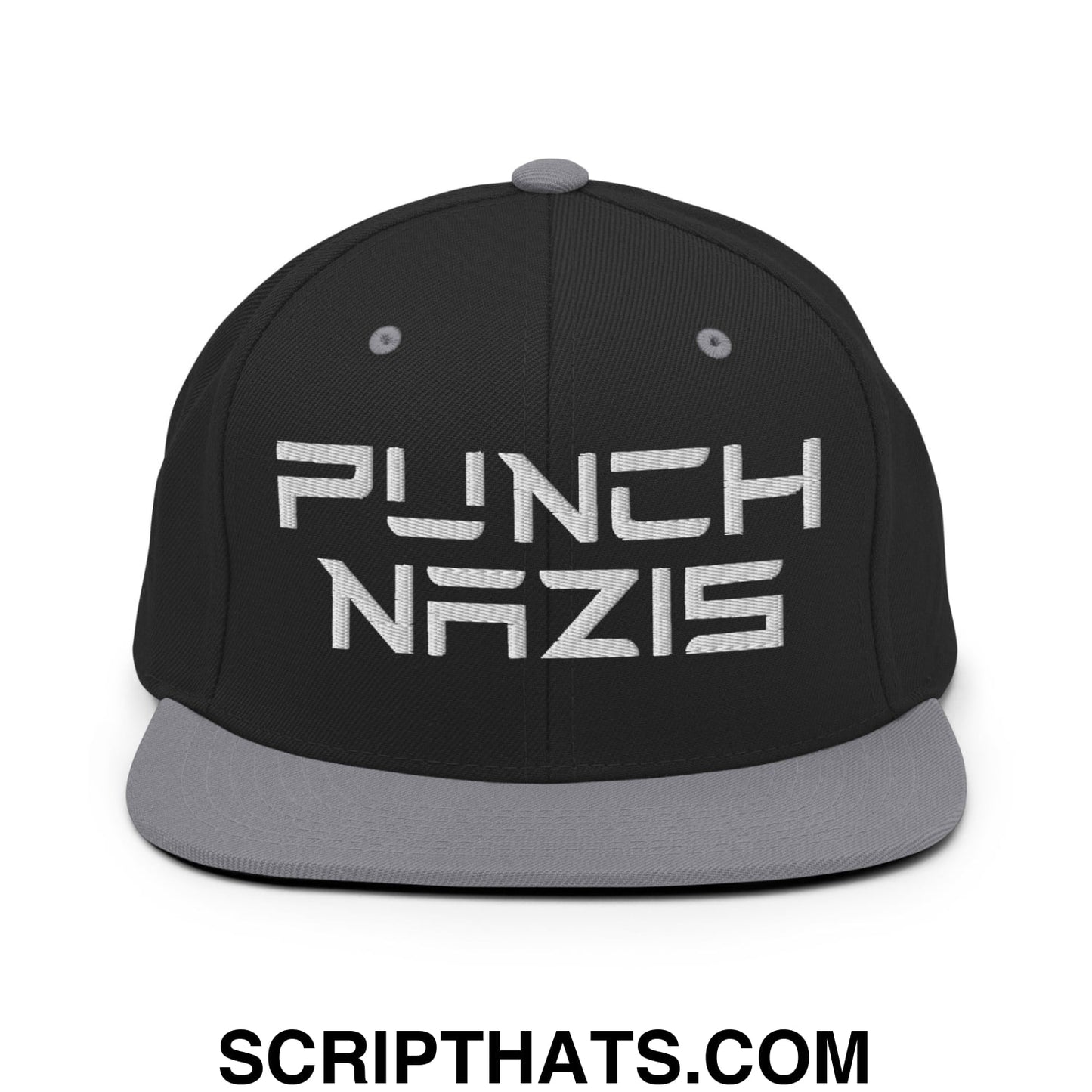 Punch Nazis Elon Musk Embroidered Flat Brim Bill Snapback Hat Black Silver