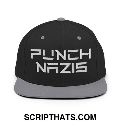 Punch Nazis Elon Musk Embroidered Flat Brim Bill Snapback Hat Black Silver