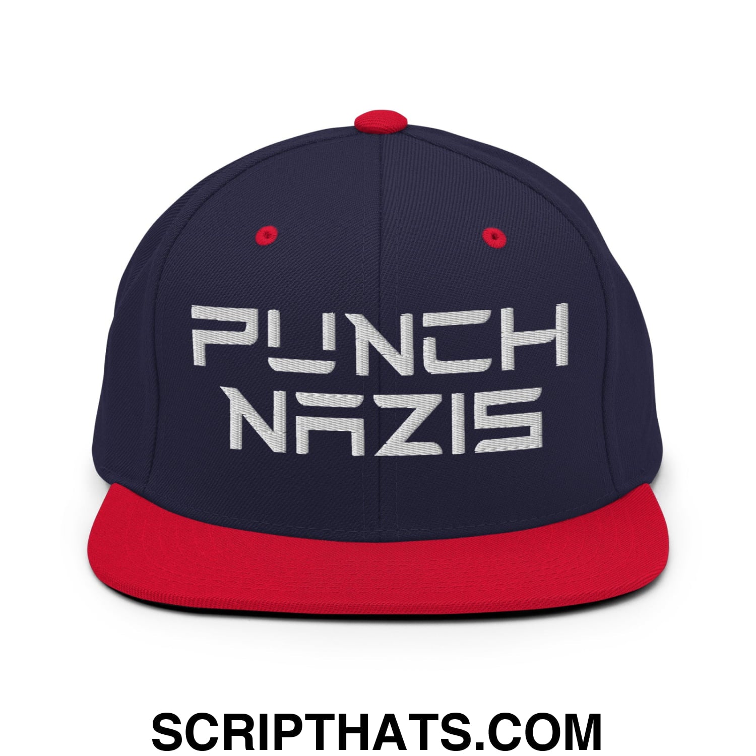 Punch Nazis Elon Musk Embroidered Flat Brim Bill Snapback Hat Navy Red