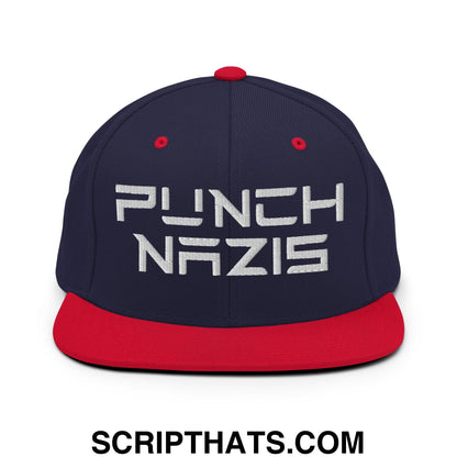 Punch Nazis Elon Musk Embroidered Flat Brim Bill Snapback Hat Navy Red