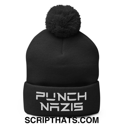 Punch Nazis Elon Musk Embroidered Pom Pom Knit Beanie Black