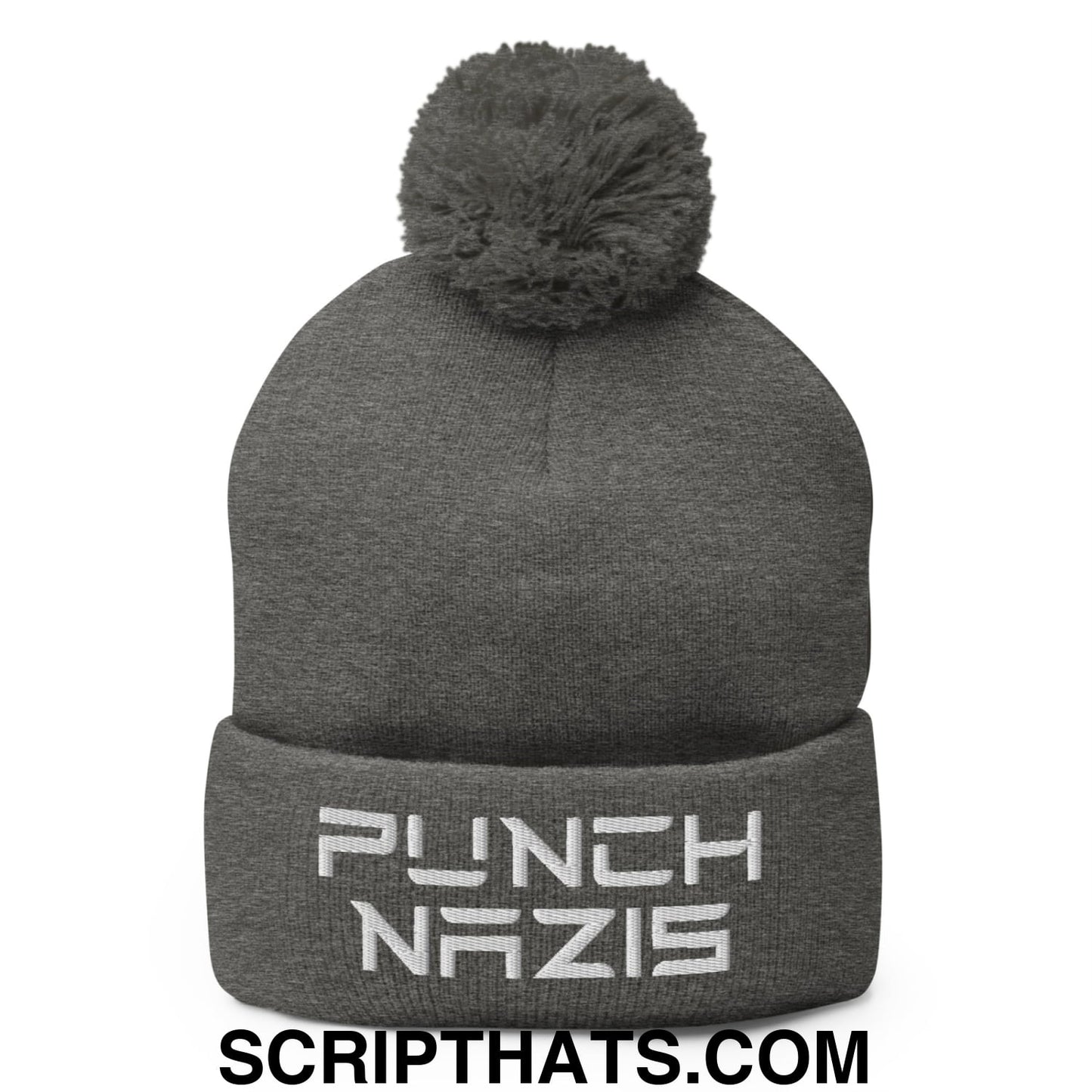Punch Nazis Elon Musk Embroidered Pom Pom Knit Beanie Dark Heather Grey