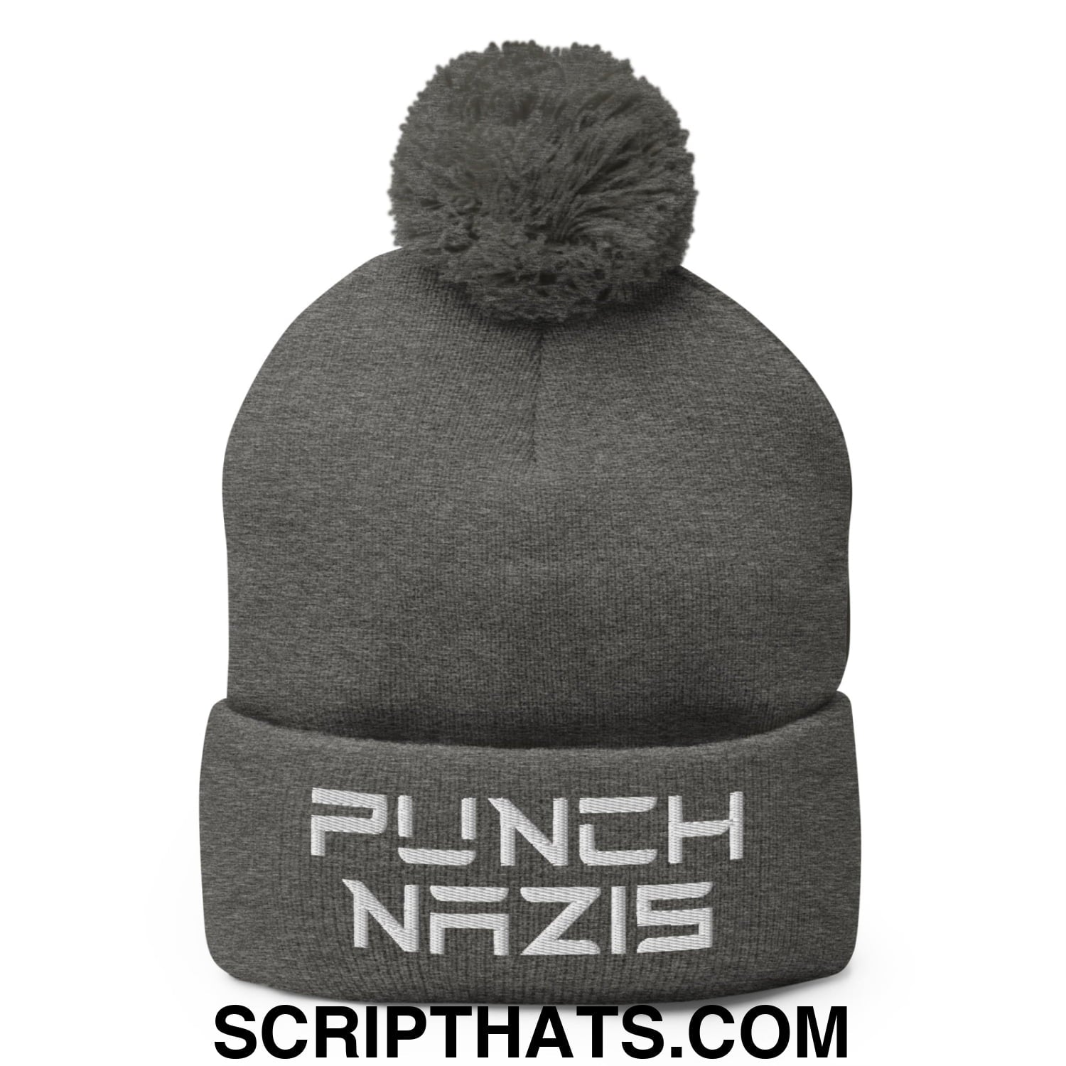 Punch Nazis Elon Musk Embroidered Pom Pom Knit Beanie Dark Heather Grey