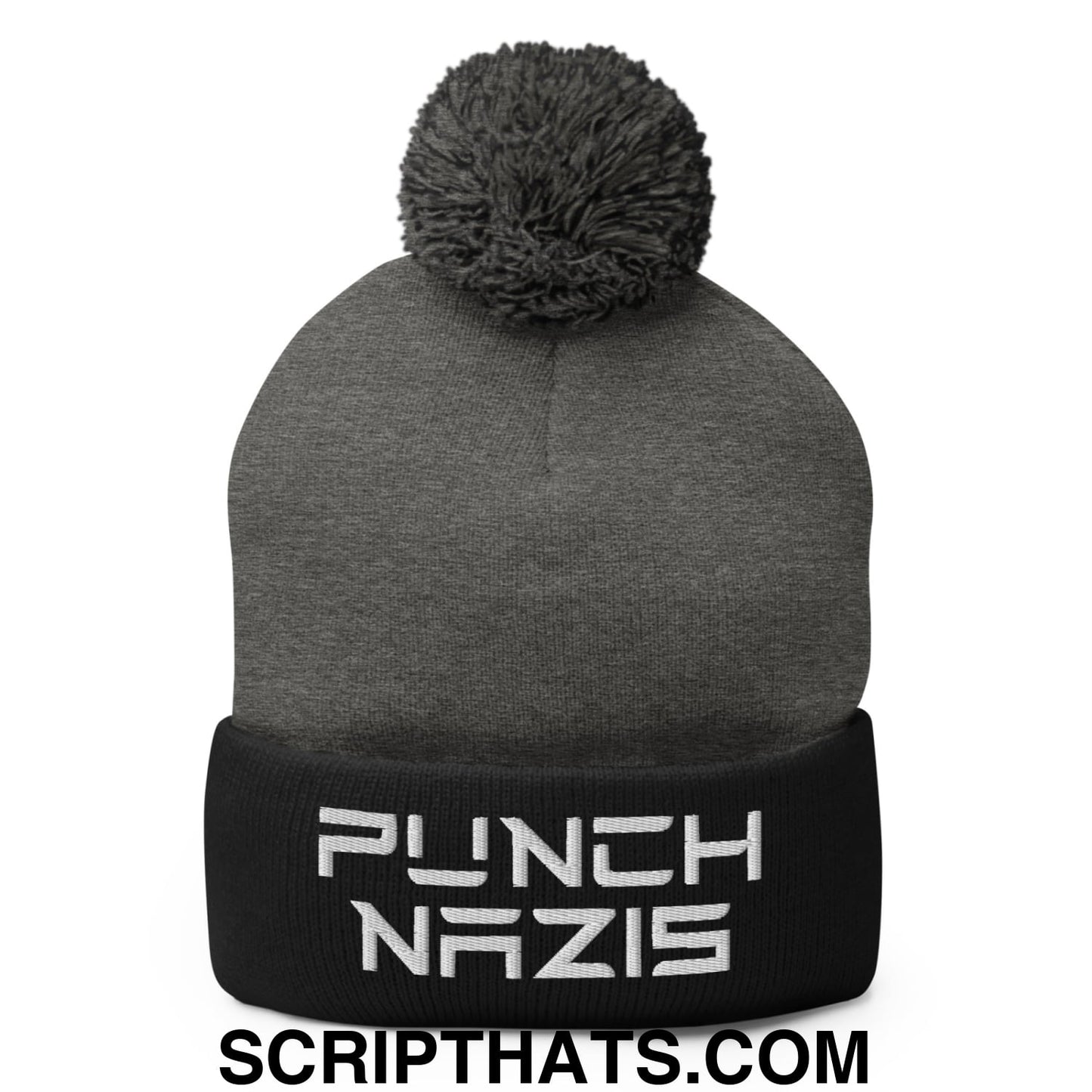 Punch Nazis Elon Musk Embroidered Pom Pom Knit Beanie Dark Heather Grey Black
