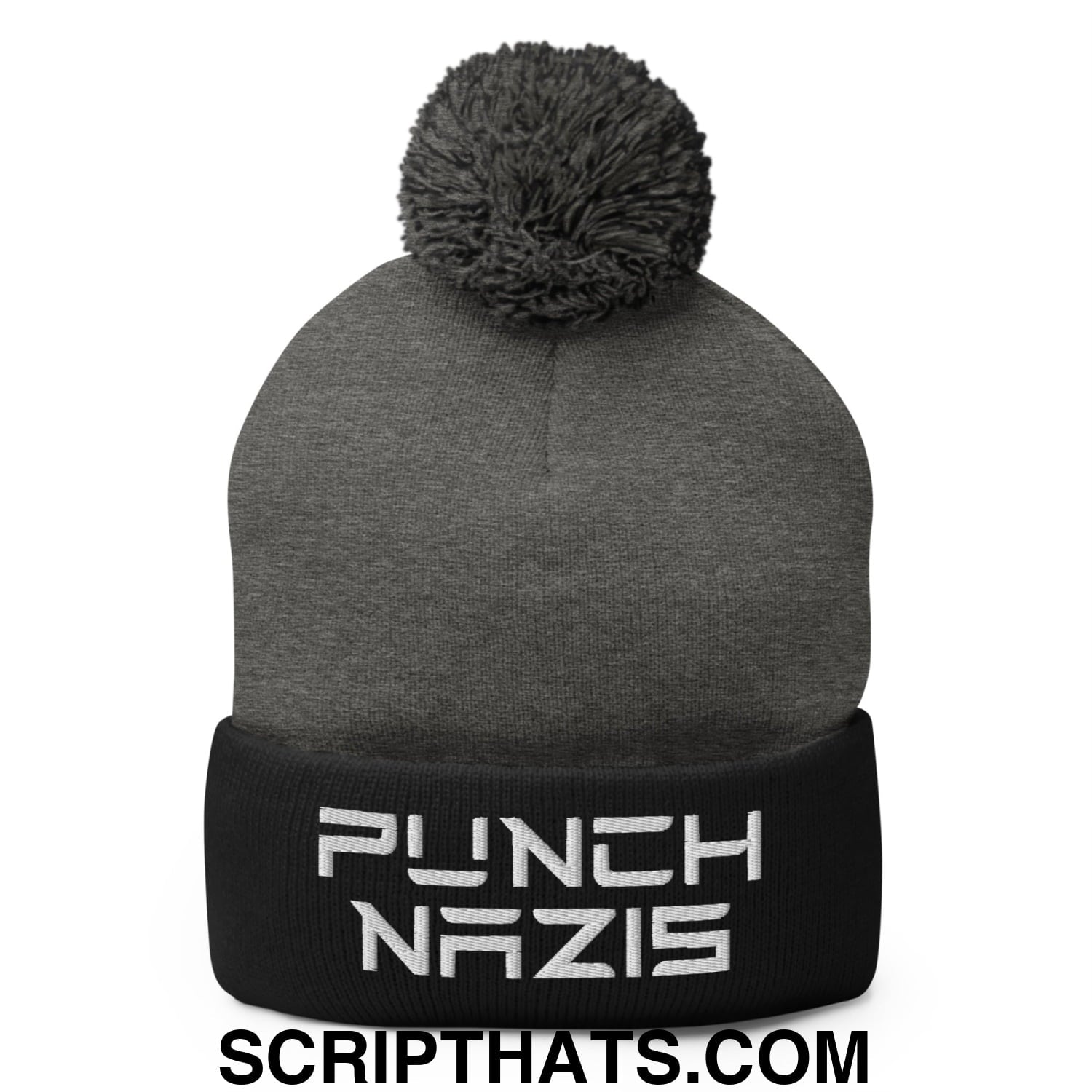 Punch Nazis Elon Musk Embroidered Pom Pom Knit Beanie Dark Heather Grey Black