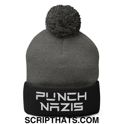 Punch Nazis Elon Musk Embroidered Pom Pom Knit Beanie Dark Heather Grey Black
