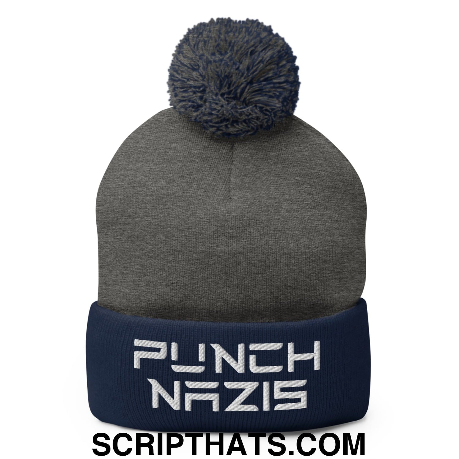 Punch Nazis Elon Musk Embroidered Pom Pom Knit Beanie Dark Heather Grey Navy