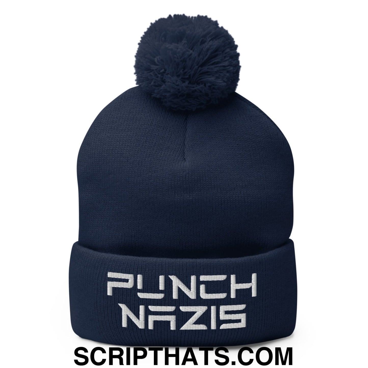 Punch Nazis Elon Musk Embroidered Pom Pom Knit Beanie Navy