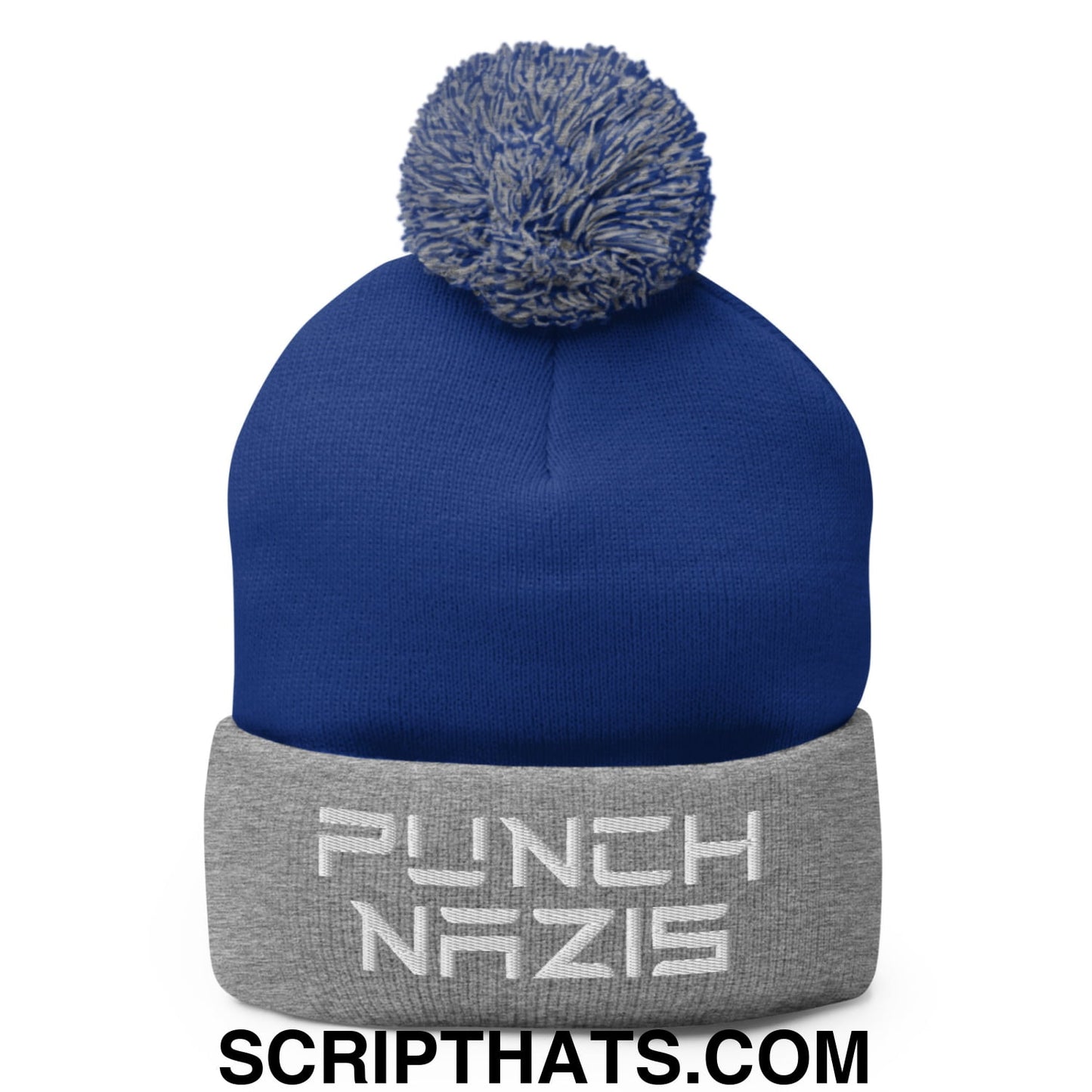 Punch Nazis Elon Musk Embroidered Pom Pom Knit Beanie Royal Heather Grey
