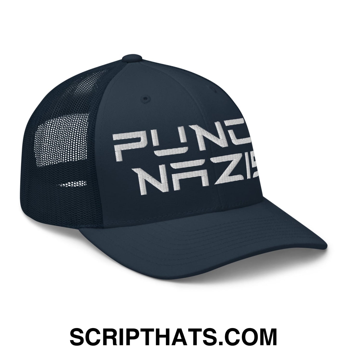 Punch Nazis Elon Musk Embroidered Retro Mesh Trucker Hat Navy