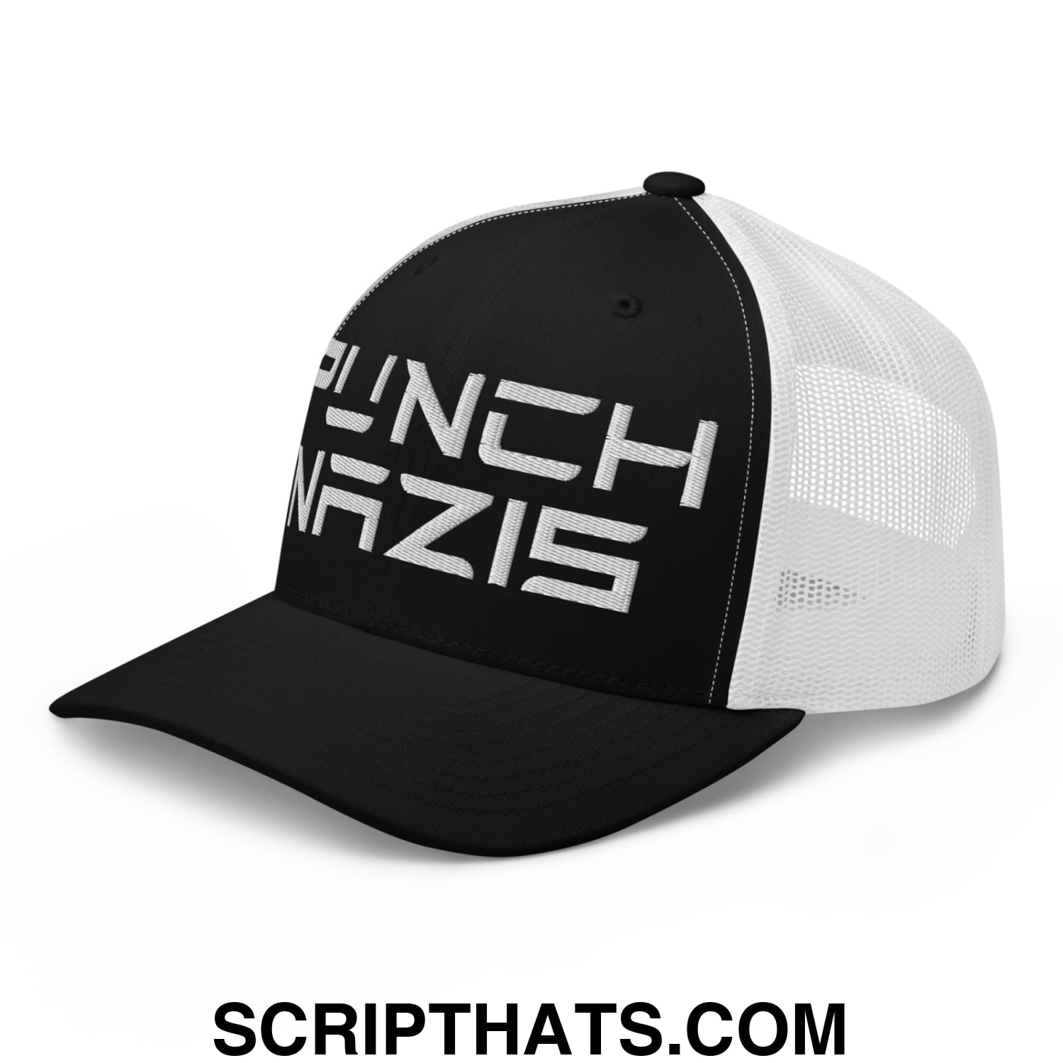 Punch Nazis Elon Musk Embroidered Retro Mesh Trucker Hat Black White