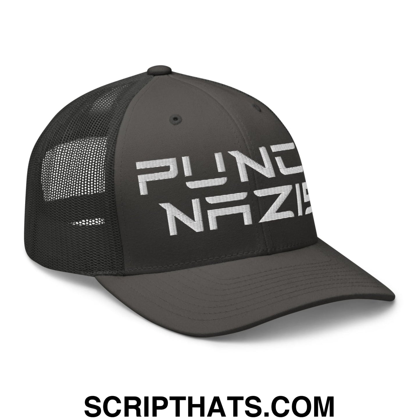 Punch Nazis Elon Musk Embroidered Retro Mesh Trucker Hat Charcoal