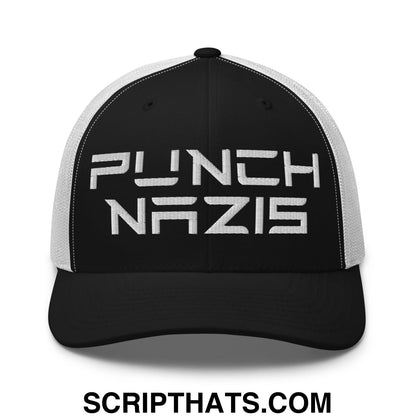 Punch Nazis Elon Musk Embroidered Retro Mesh Trucker Hat Black White