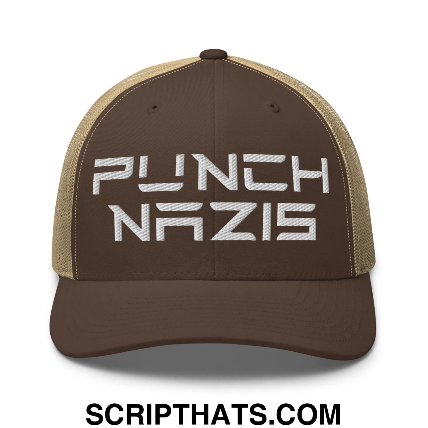 Punch Nazis Elon Musk Embroidered Retro Mesh Trucker Hat Brown Khaki