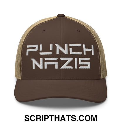 Punch Nazis Elon Musk Embroidered Retro Mesh Trucker Hat Brown Khaki