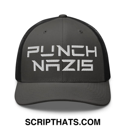 Punch Nazis Elon Musk Embroidered Retro Mesh Trucker Hat Charcoal Black