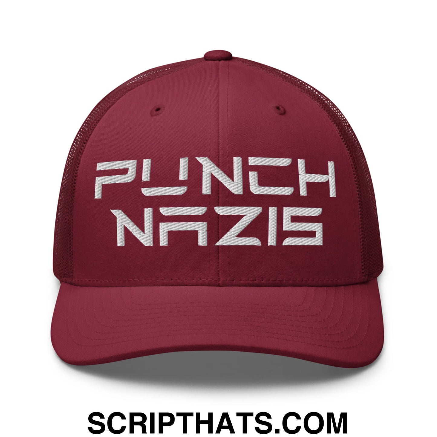 Punch Nazis Elon Musk Embroidered Retro Mesh Trucker Hat Cranberry
