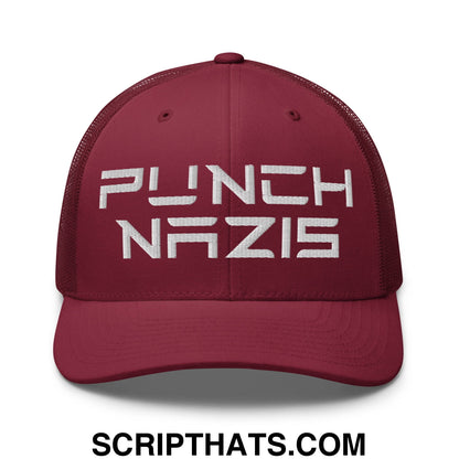 Punch Nazis Elon Musk Embroidered Retro Mesh Trucker Hat Cranberry