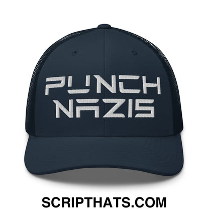 Punch Nazis Elon Musk Embroidered Retro Mesh Trucker Hat Navy