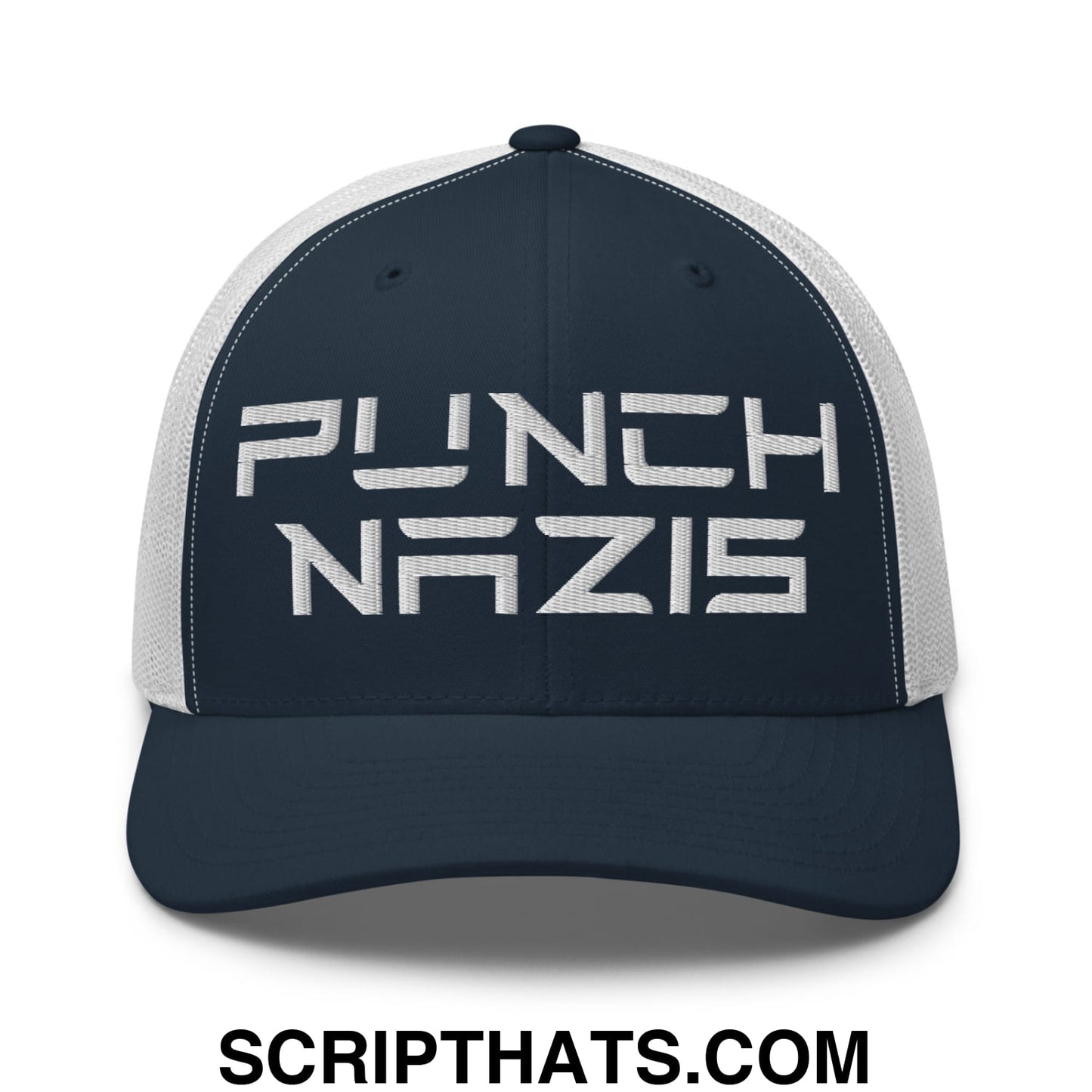 Punch Nazis Elon Musk Embroidered Retro Mesh Trucker Hat Navy White