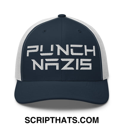 Punch Nazis Elon Musk Embroidered Retro Mesh Trucker Hat Navy White