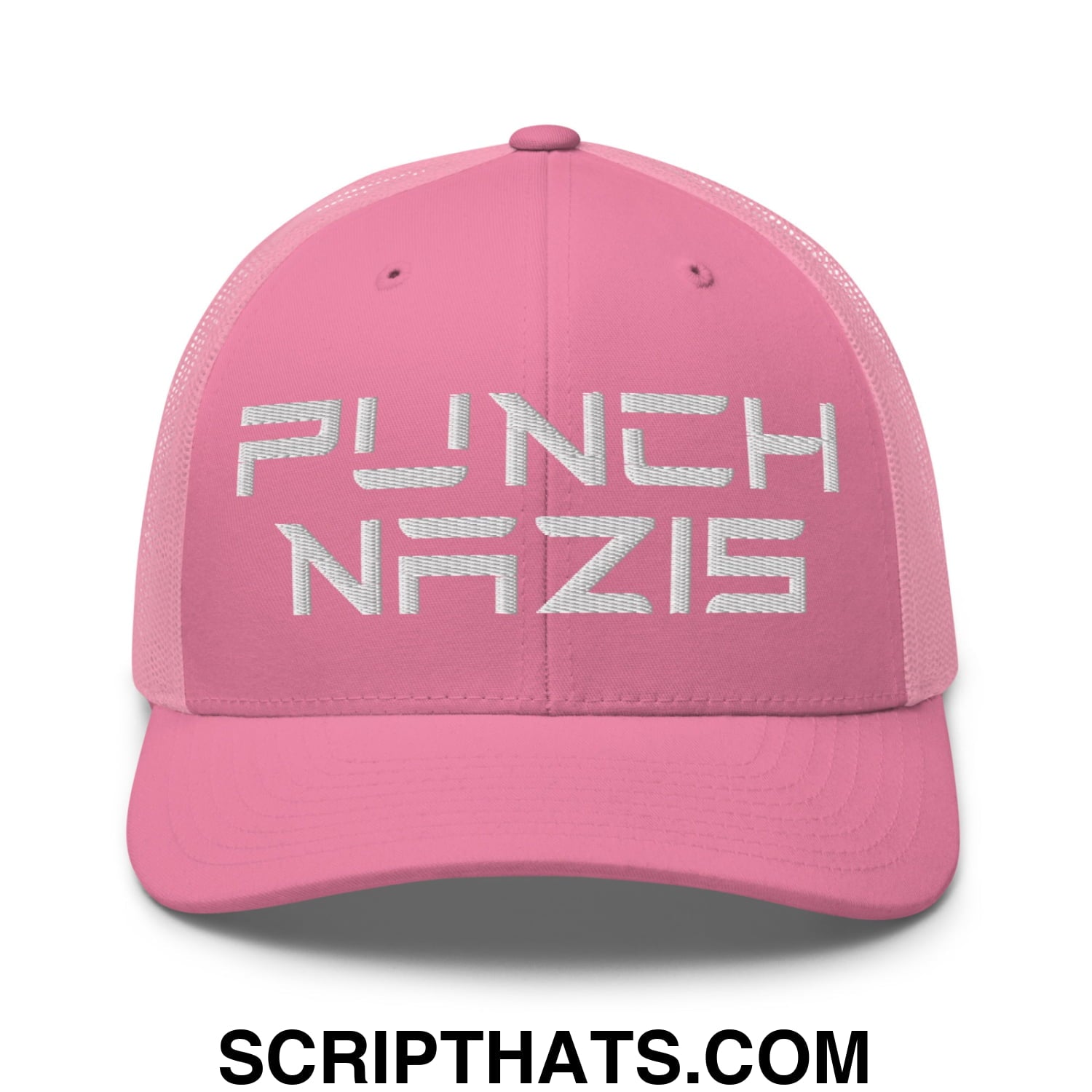 Punch Nazis Elon Musk Embroidered Retro Mesh Trucker Hat Pink