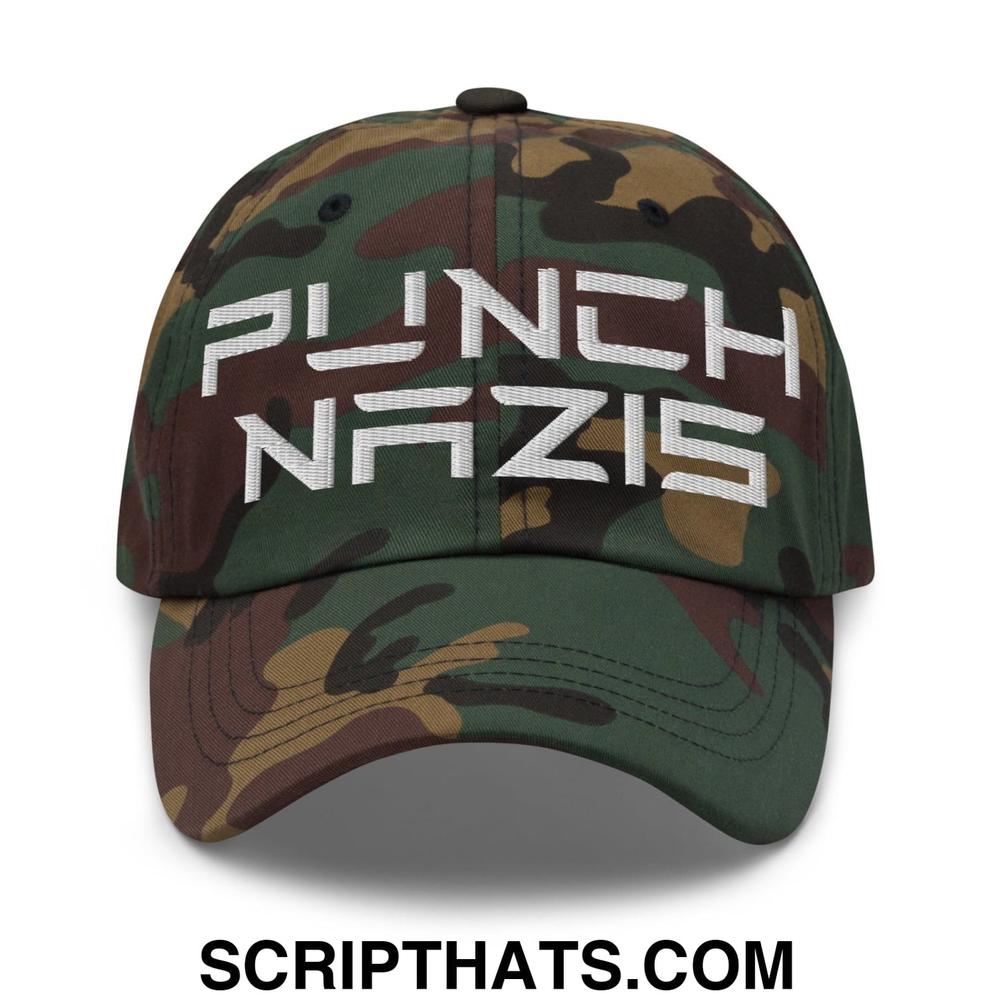 Punch Nazis Elon Musk Embroidered Unstructured Dad Hat Green Camo