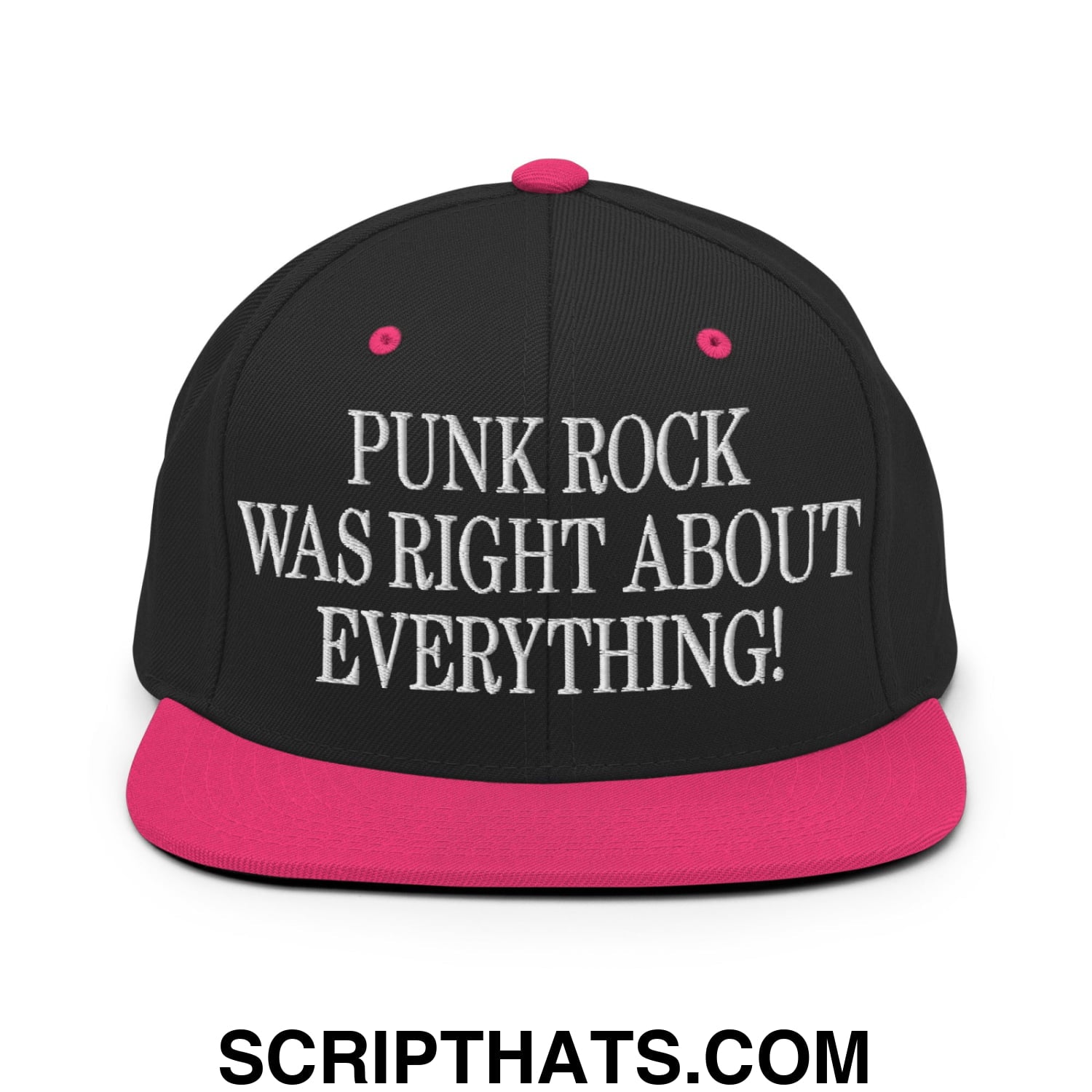 Punk Rock Was Right About Everything! Embroidered Flat Bill Brim Snapback Hat Black Neon Pink