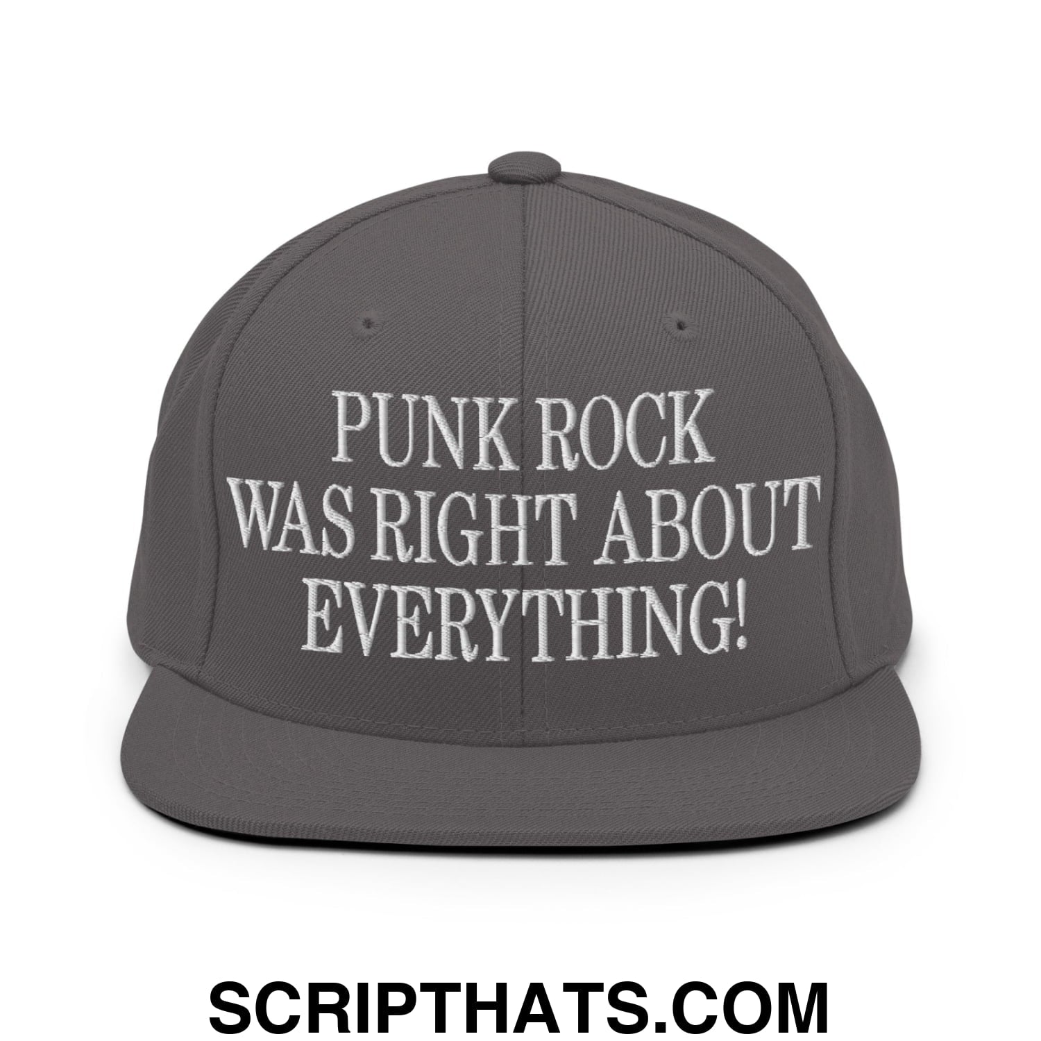 Punk Rock Was Right About Everything! Embroidered Flat Bill Brim Snapback Hat Dark Grey