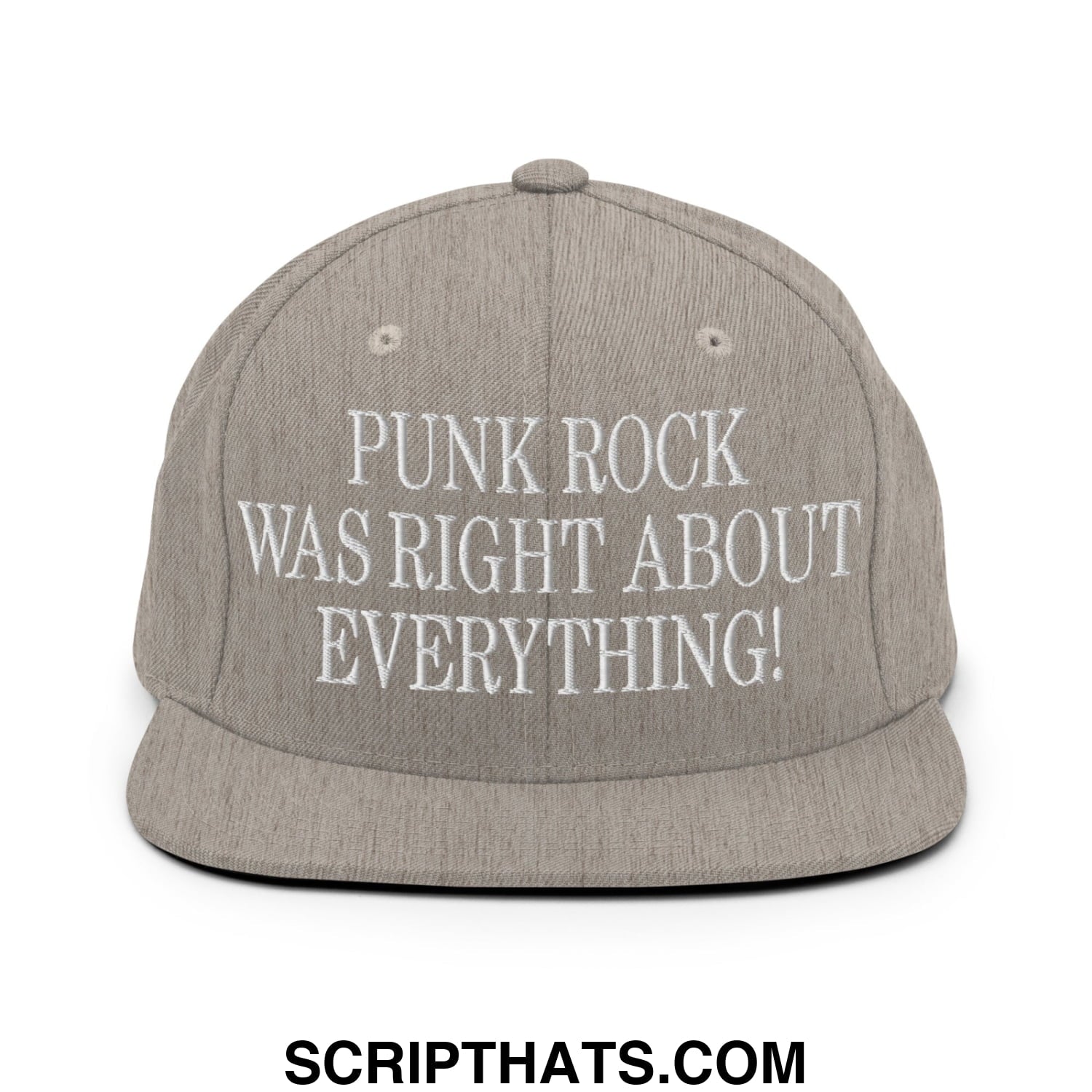 Punk Rock Was Right About Everything! Embroidered Flat Bill Brim Snapback Hat Heather Grey