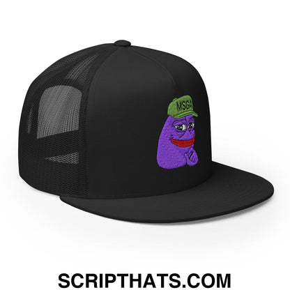 $PURPE Purple Pepe Embroidered Flat Bill Brim Mesh Trucker Hat Black