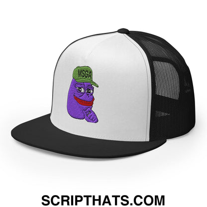 $PURPE Purple Pepe Embroidered Flat Bill Brim Mesh Trucker Hat Black White Black