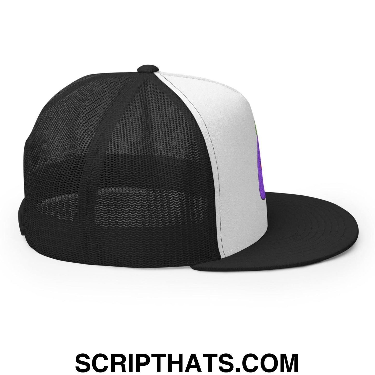 $PURPE Purple Pepe Embroidered Flat Bill Brim Mesh Trucker Hat Black White Black