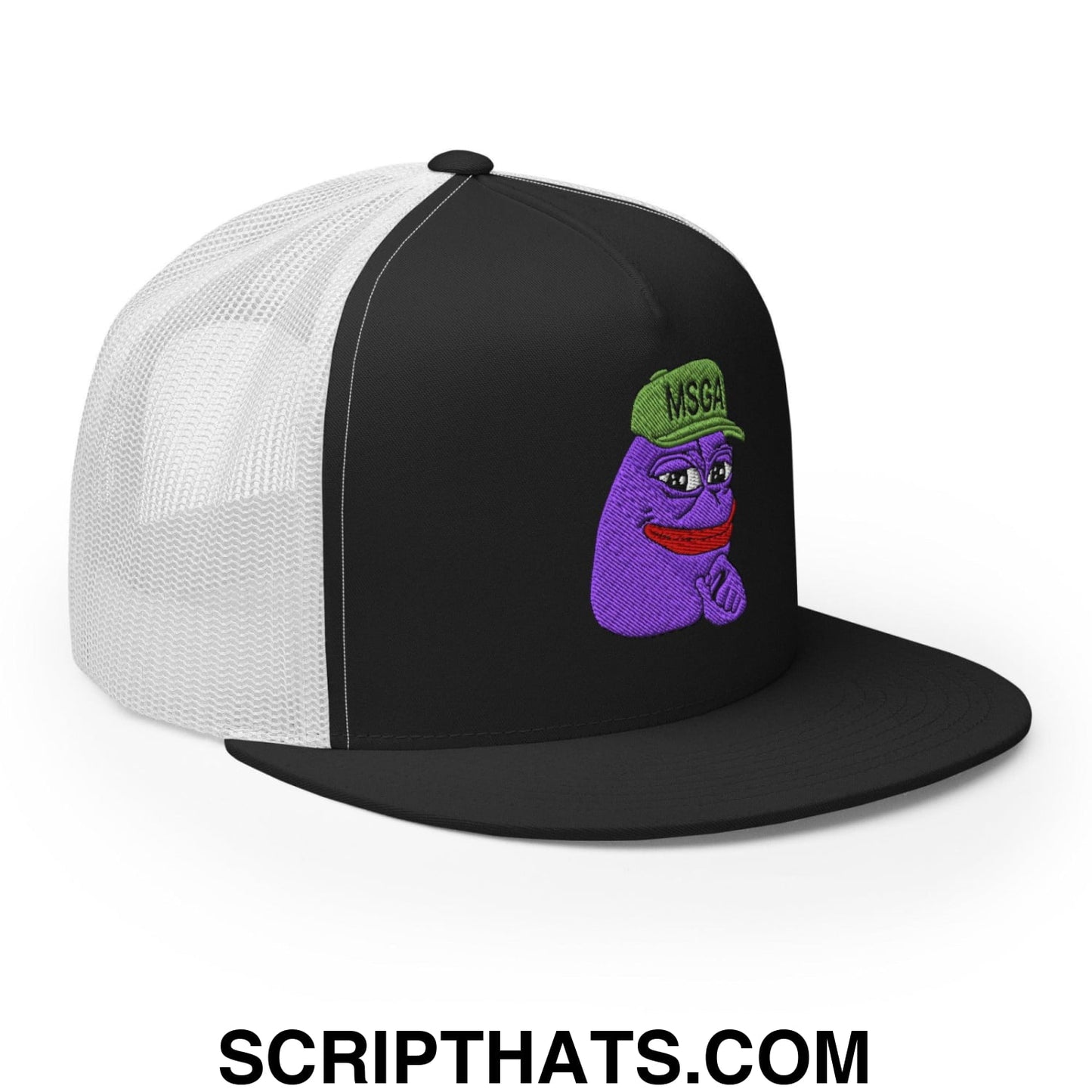 $PURPE Purple Pepe Embroidered Flat Bill Brim Mesh Trucker Hat Black White