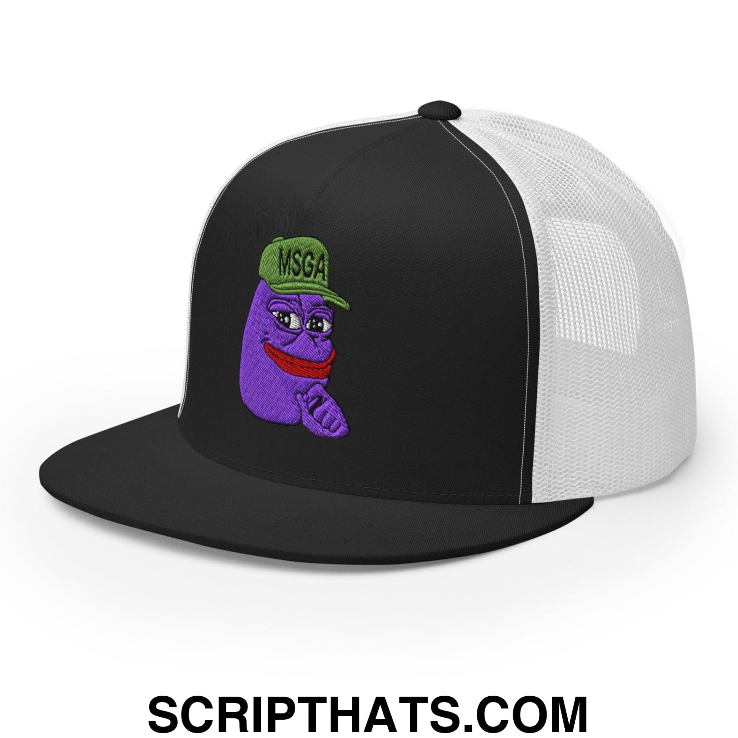 $PURPE Purple Pepe Embroidered Flat Bill Brim Mesh Trucker Hat Black White