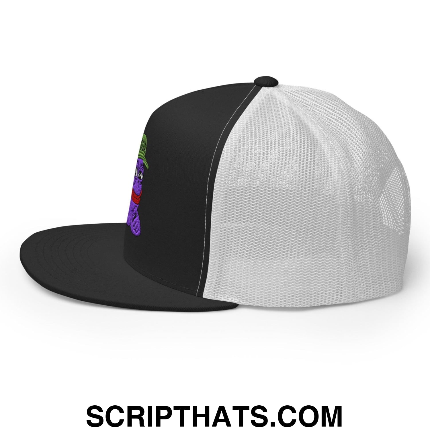 $PURPE Purple Pepe Embroidered Flat Bill Brim Mesh Trucker Hat Black White