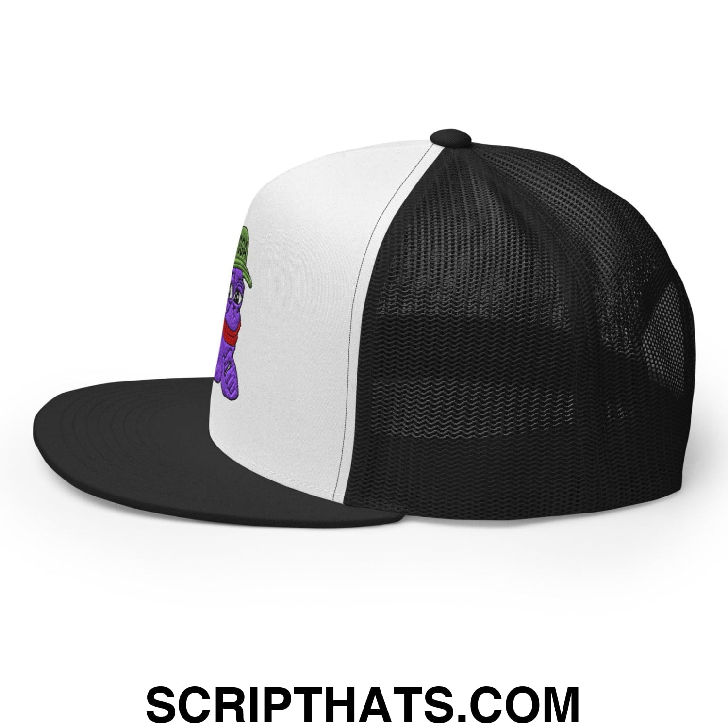 $PURPE Purple Pepe Embroidered Flat Bill Brim Mesh Trucker Hat Black White Black