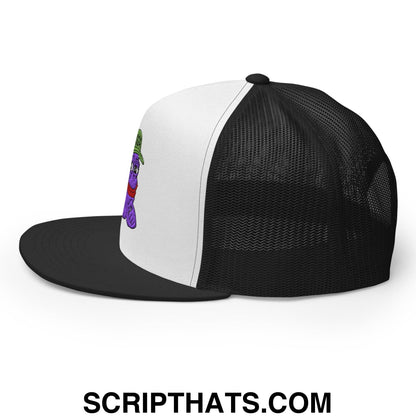$PURPE Purple Pepe Embroidered Flat Bill Brim Mesh Trucker Hat Black White Black