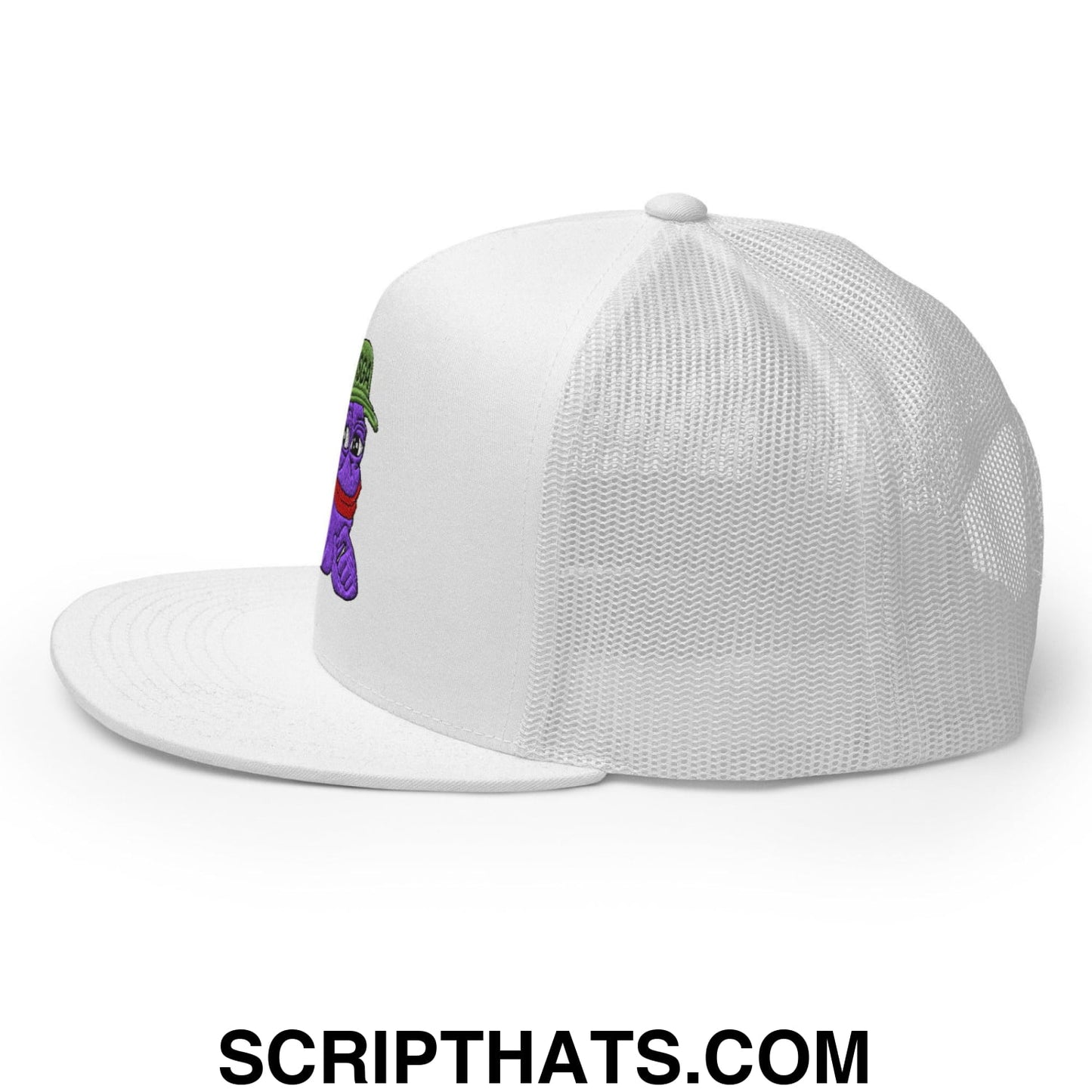 $PURPE Purple Pepe Embroidered Flat Bill Brim Mesh Trucker Hat White