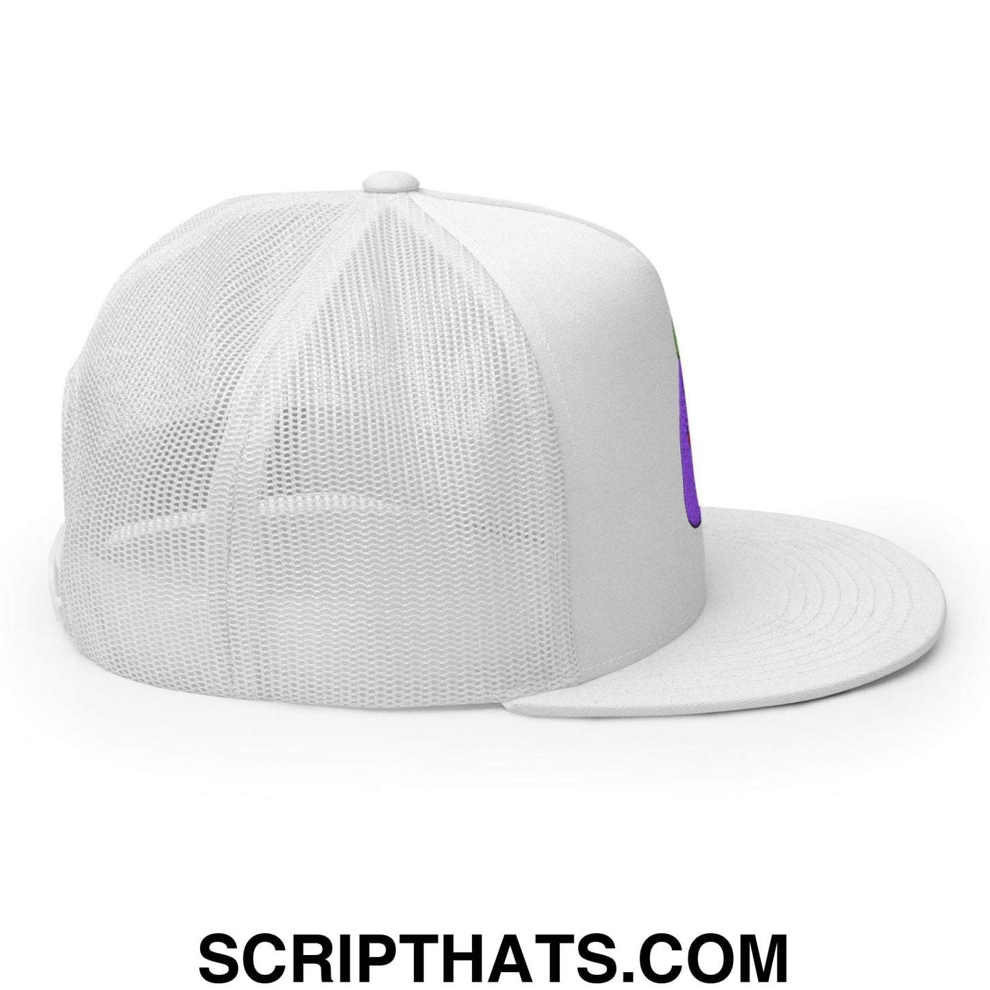 $PURPE Purple Pepe Embroidered Flat Bill Brim Mesh Trucker Hat White