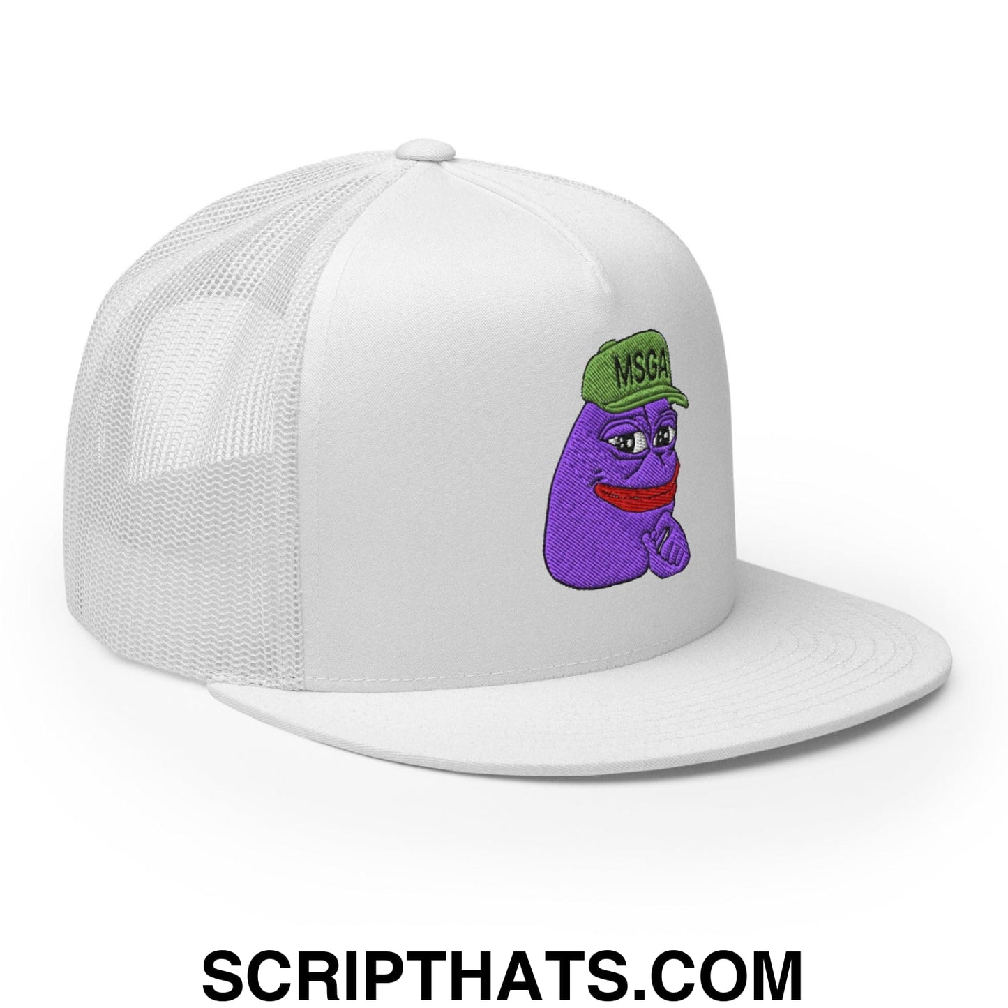 $PURPE Purple Pepe Embroidered Flat Bill Brim Mesh Trucker Hat White