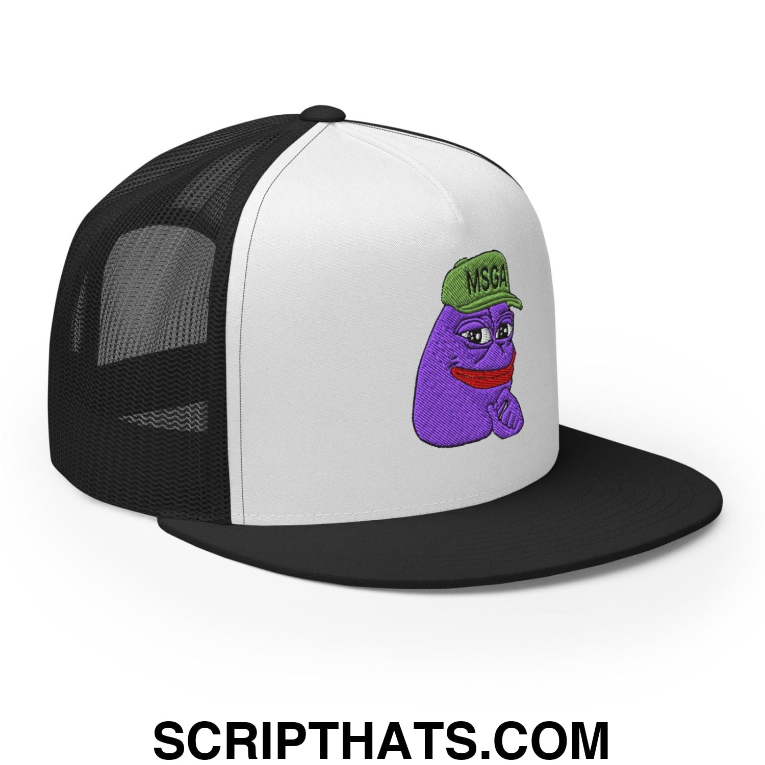 $PURPE Purple Pepe Embroidered Flat Bill Brim Mesh Trucker Hat Black White Black