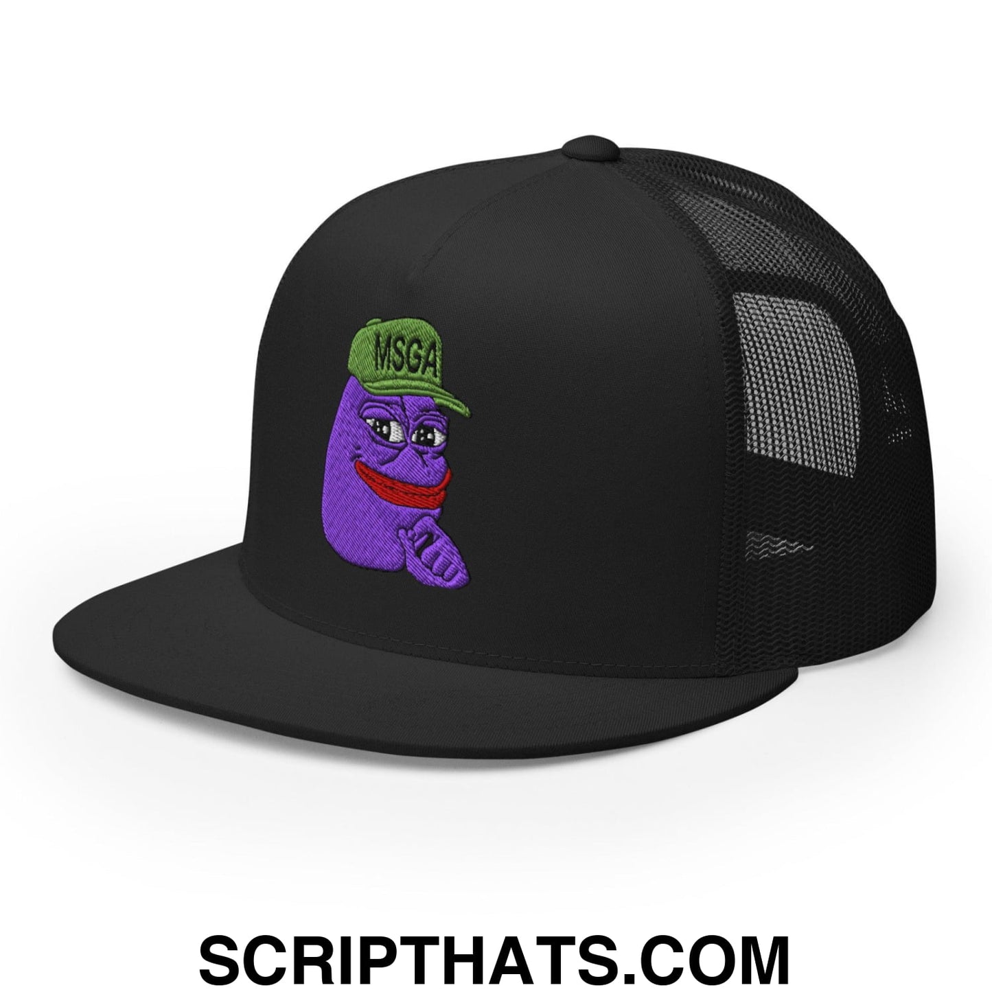 $PURPE Purple Pepe Embroidered Flat Bill Brim Mesh Trucker Hat Black
