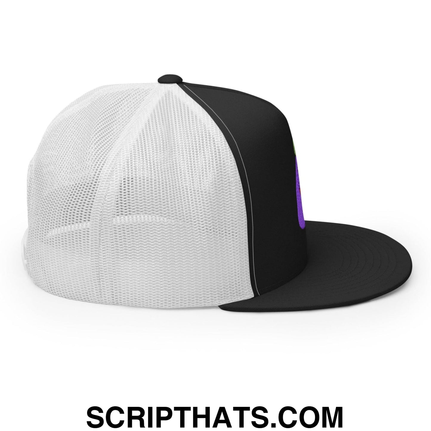 $PURPE Purple Pepe Embroidered Flat Bill Brim Mesh Trucker Hat Black White